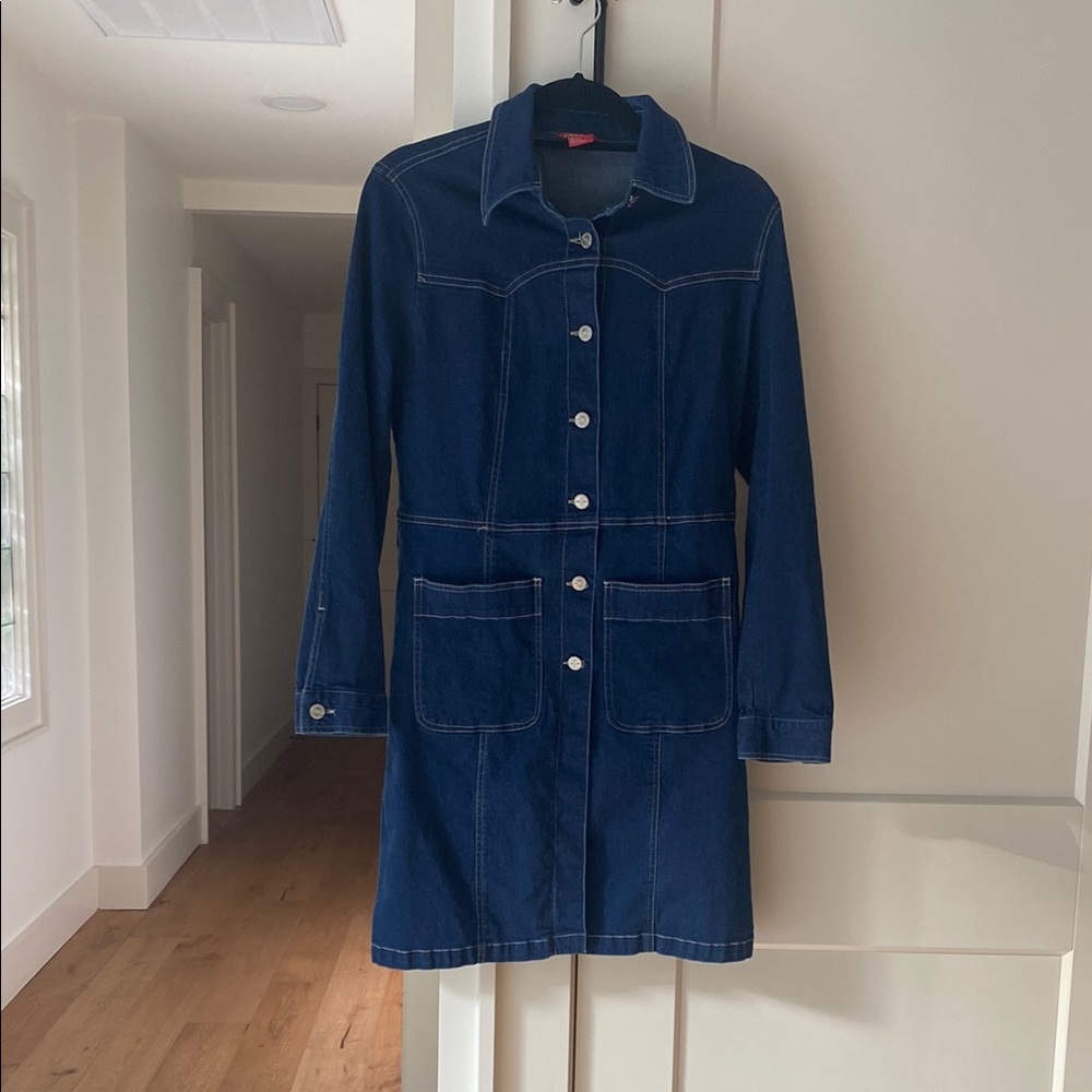 Vintage JouJou Denim Jacket Dress M – 90s Style, Button Front, Pockets, Chic